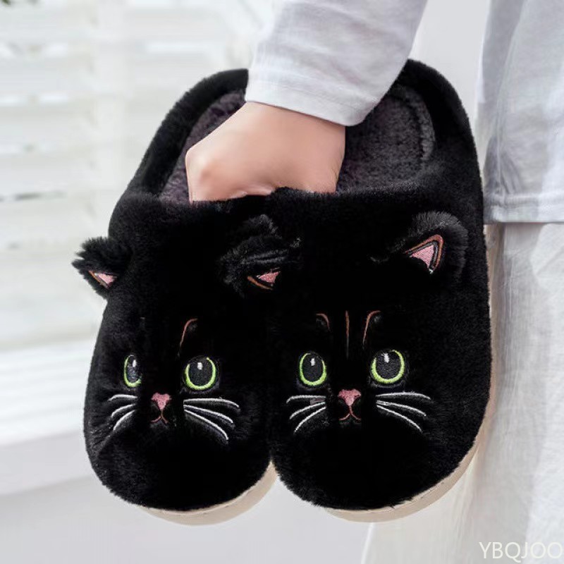 Men Shoes Men - รองเท้าแตะผ้าฝ้ายสำหรับฤดูใบไม้ร่วงและฤดูหนาวแบบใหม่ สำหรับผู้ชายและผู้หญิง ลายการ์ตูนแมวน่ารัก ใส่ในบ้าน พื้นเรียบ อุ่นสบาย