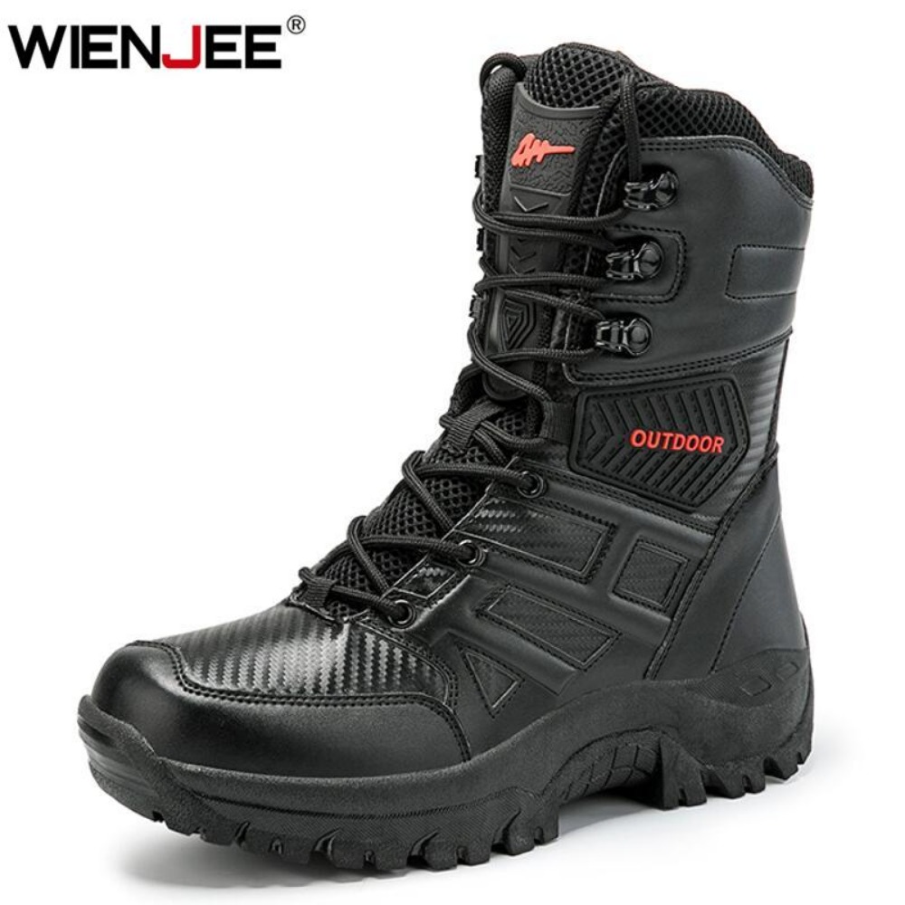 Men Shoes Branded - รองเท้าบูทหนังหุ้มข้อสูงคุณภาพสูงสำหรับผู้ชาย ระบายอากาศได้ดี เหมาะสำหรับการเดินป่า รองเท้าบูทแบบทหาร รองเท้ากลางแจ้ง กันลื่น