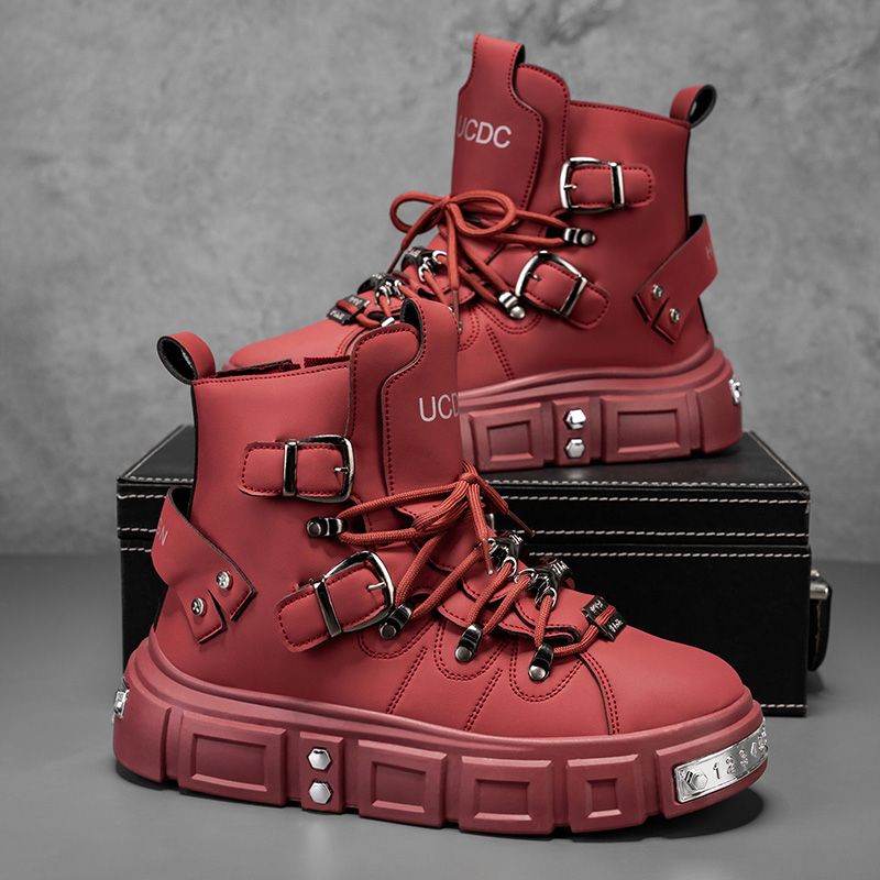 Men Shoes Branded - รองเท้าบูทแบรนด์แท้สำหรับผู้ชาย สไตล์พังก์ พื้นหนา สีแดง แฟชั่นหรูหรา รองเท้าผู้ชาย
