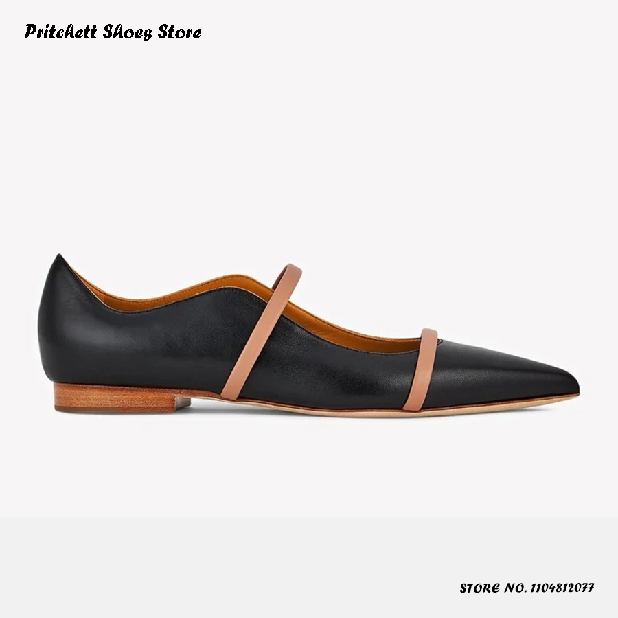 Men Shoes Men - รองเท้าบัลเล่ต์หนังแบบสองสายรัดสำหรับผู้หญิง หัวแหลม ส้นเหลี่ยม สวมแบบสลิปออน รองเท้าลำลองสำหรับฤดูใบไม้ผลิ ฤดูร้อน