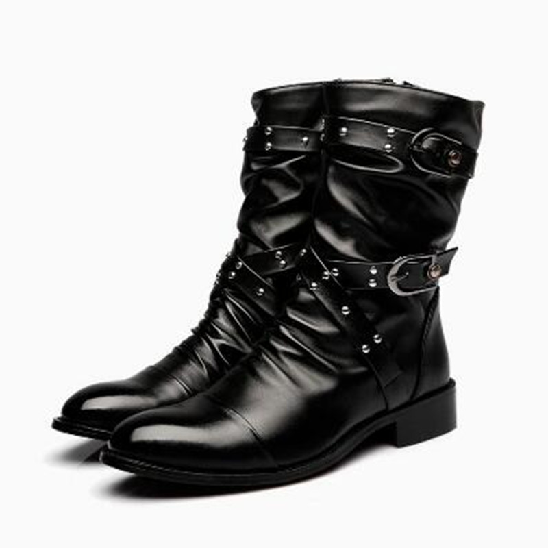Men Shoes Classic - รองเท้าบูทหนังผู้ชายแฟชั่นคุณภาพสูง ทรงกลางข้อเท้า สไตล์คลาสสิกสำหรับฤดูใบไม้ร่วงและฤดูหนาว สีดำ สไตล์พังก์ร็อก รองเท้าลำลองสำหรับผู้ชายและผู้หญิง