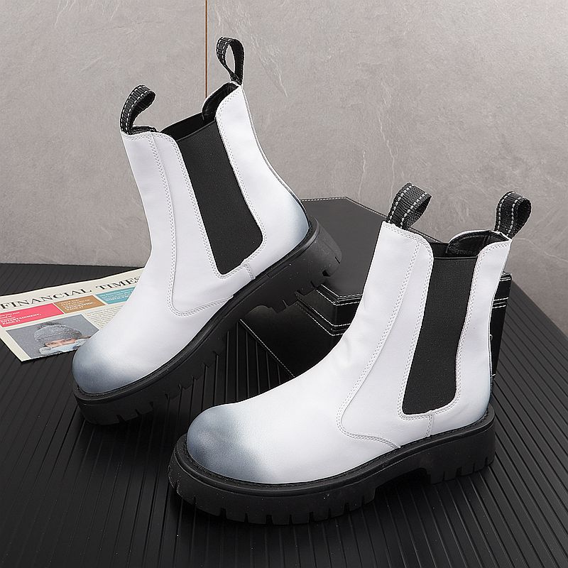 Men Shoes Branded - รองเท้าบูทหนังแท้แฟชั่นหรูสำหรับผู้ชาย สีดำขาว แบรนด์ดีไซเนอร์ รองเท้าสำหรับเวที ไนท์คลับ รองเท้าบูทมอเตอร์ไซค์