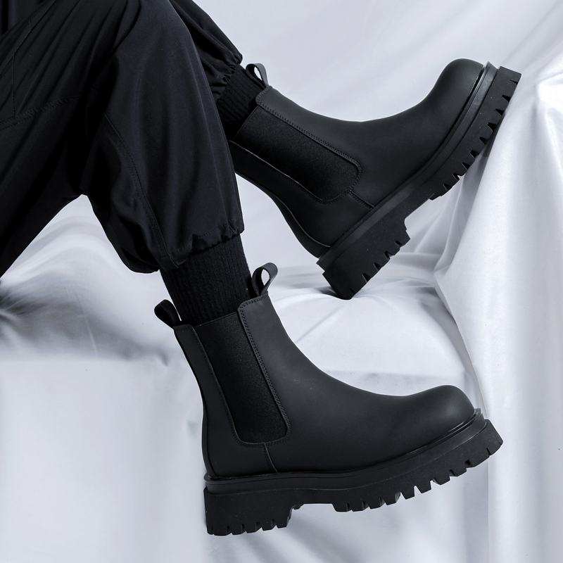 Men Shoes 2026 - รองเท้าบูทหุ้มข้อสูงสีดำรุ่นปี 2026 สำหรับผู้ชาย ส้นสูง หนังแท้ รองเท้าเชลซีข้อสั้น