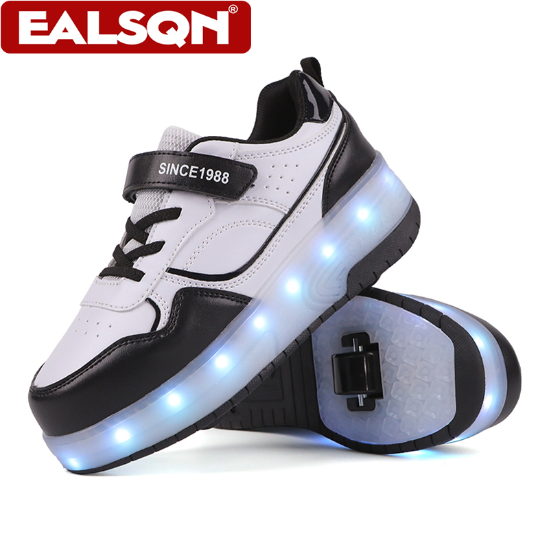 Men Shoes Men - รองเท้าสเก็ตล้อ LED สำหรับเด็ก ดีไซน์ล้อคู่ พร้อมสายรัดเวลโคร รองเท้าสเก็ตสำหรับเด็กผู้ชายและเด็กผู้หญิง